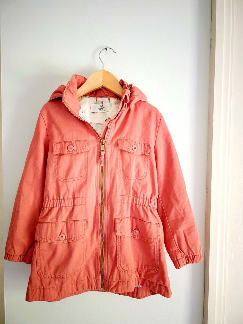H&M Girls Coral Pink Hooded Utility Jacket Size 4-5Y